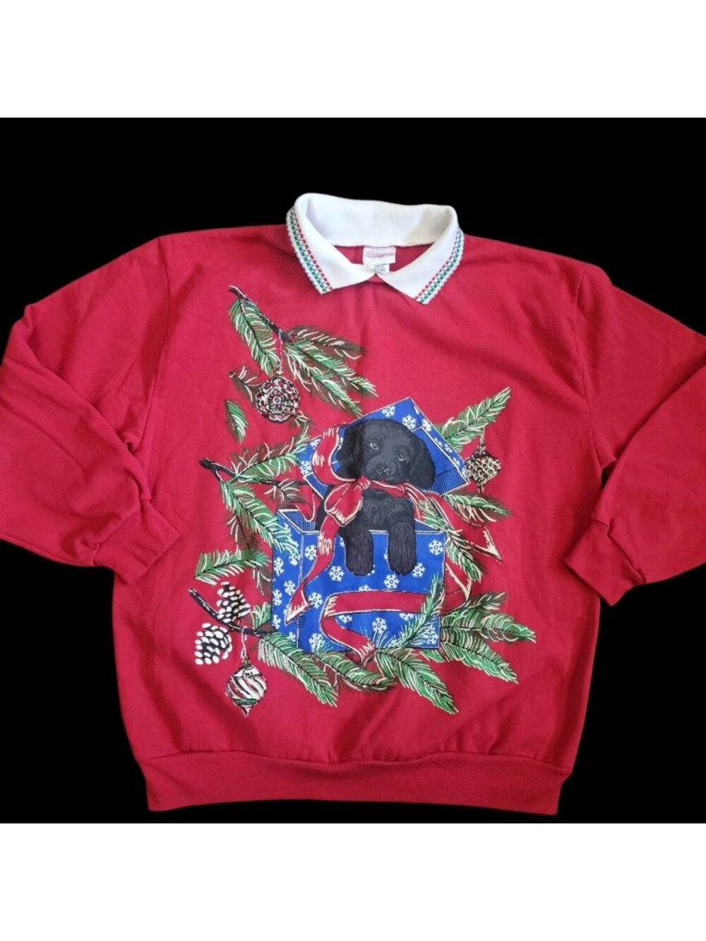 VTG Black Lab Puppy Christmas Sweatshirt Sz L Collared Red Grannycore